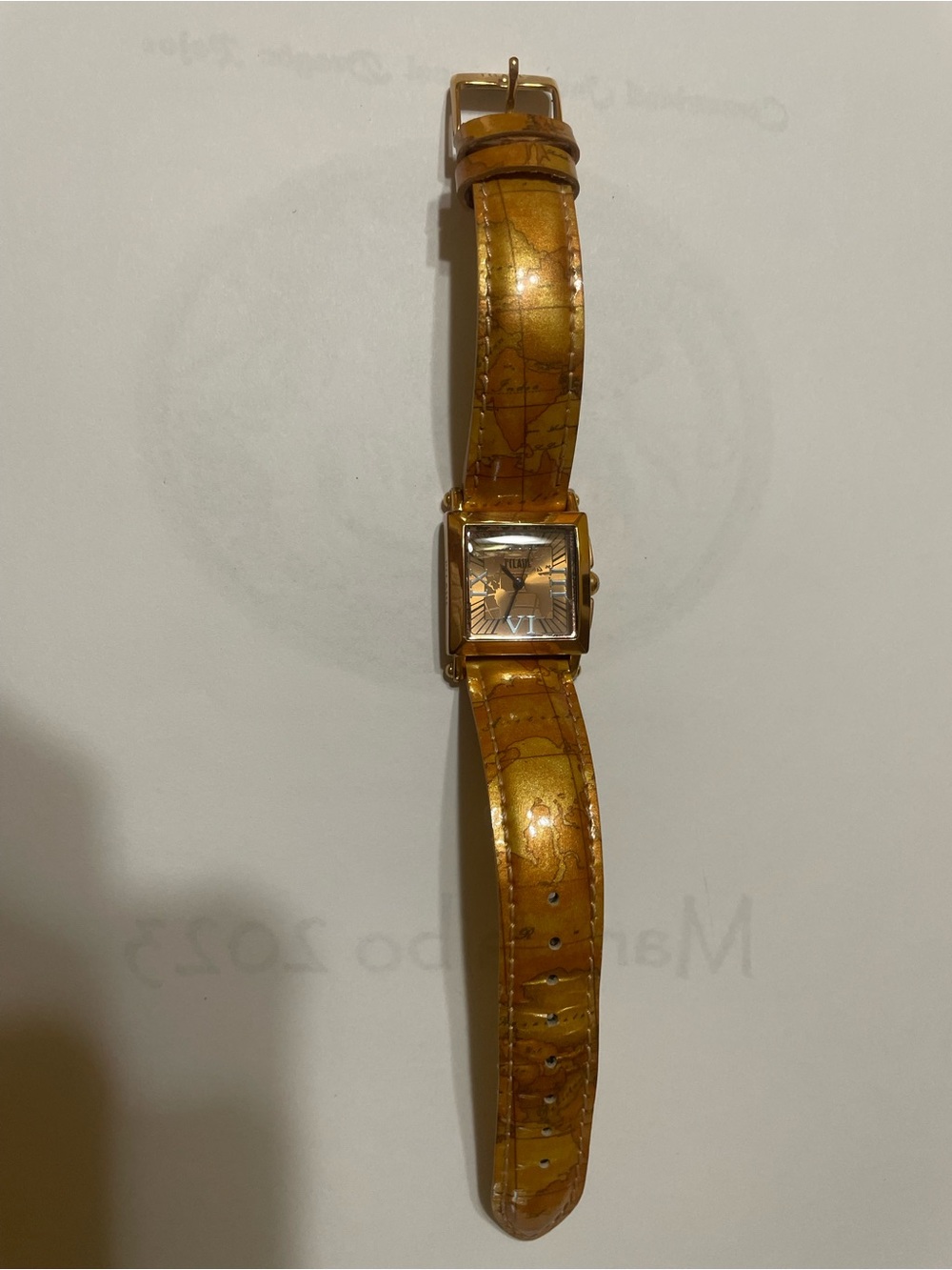 Alviero MartiGold-Tone Square Dial Women's Watch with Patterned Leather Strap